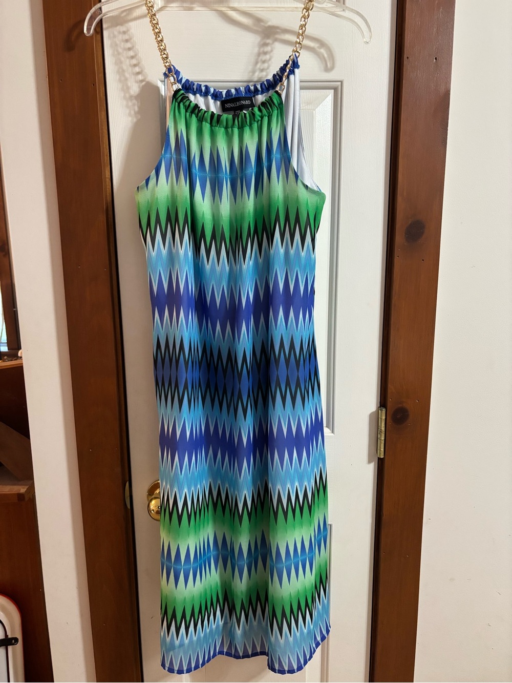 Nina Leonard Blue & Green Zigzag Maxi Dress with Gold Chain Straps